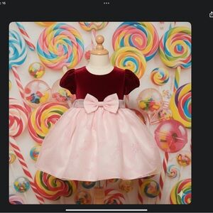 HOLIDAY OR PARTY DRESS.SHORT SLEVVE DARK RED VELVET BODICE WITH PINK TULLE SKIRT
